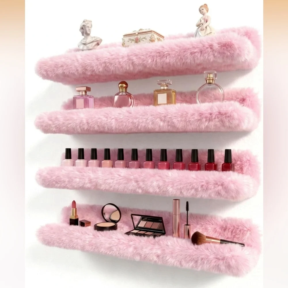 **TRADE**Soft Pink Faux Fur Wall Shelf - Plush Home Wall Decor Set of 4